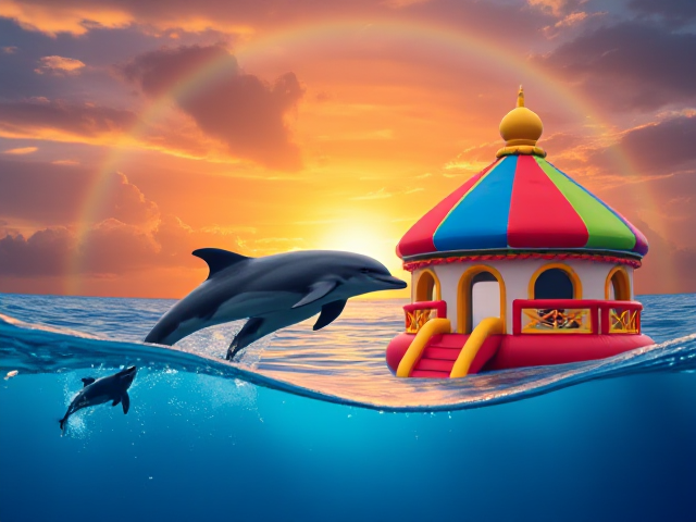 Dolphins and bouncy house in sunset and rainbow, colorful