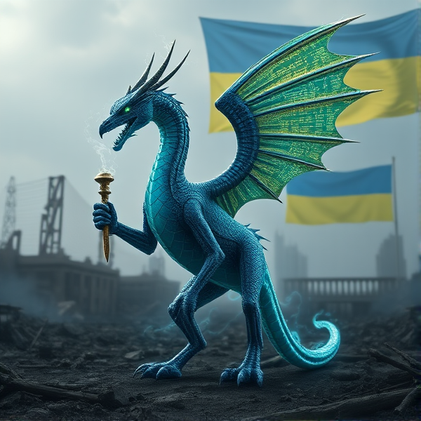 An exquisitely crafted wyvern, sleek and aerodynamic, with a pair of majestic wings adorning either side of its sinewy frame. Its scales are a marvel of complexity, akin to miniature circuit boards with interwoven lines that pulsate with an artificial glow, simulating the rhythmic beat of life. Plumes of digital smoke waft from its nostrils in sync with the deep, vibrating growls that reveal razor-sharp fangs aglow with electrical energy. Clutched in its clawed hand is a Caduceus staff, symbolizing healing and commerce. To honor cultural heritage and solidarity, elements reflective of the Ukrainian flag's blue and yellow hues are weaved into the creature's design. The wyvern stands dominant against a backdrop of stark ruin and decay characteristic of a world after collapse; in the distance unfurls the Ukrainian flag—halved horizontally, celestial blue atop vibrant yellow.