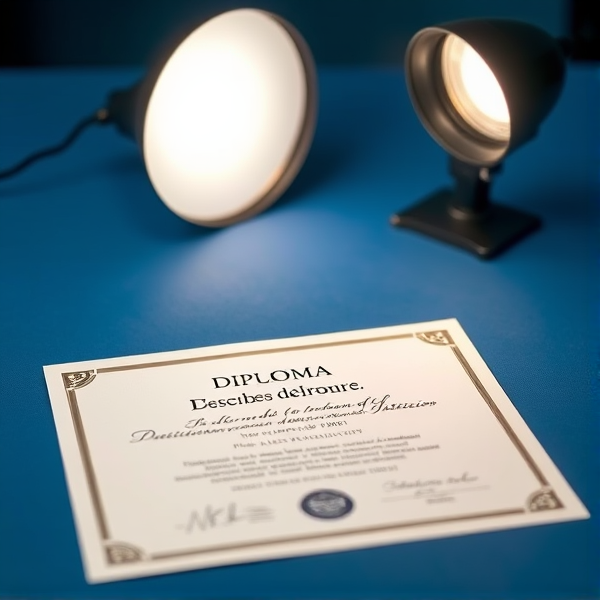 Diplôme écrit en français posé sur une table  bleue