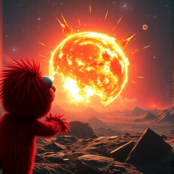 elmo exploding a planet in the distance