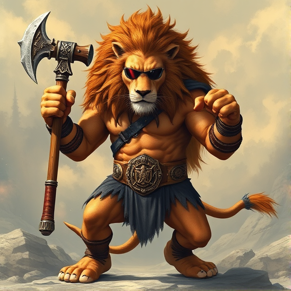 Un Lion barbare dieux du soleil une hache comme Léo escanor, avec des poils de lion et une carrure imposante et avec la ceinture de LA KNIGHT le catcheur et ces lunettes de soleil et avec la veste de LA KNIGHT le catcheur