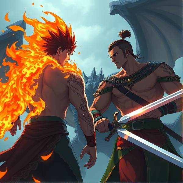 One of the two jacked men are on fire and the other man has a sword ready to fight the massive dragon in the background