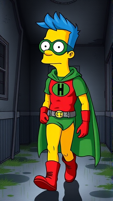 Milhouse Van Houten from The Simpsons, with his yellow skin, really big round nose, and blue hair that's slicked back and curled up at the top, but as an 18-year old teenager, dressed as a parody of Robin, The Boy Wonder, with an extremely muscular torso and arms, a green bodysuit with a red torso adorned with a green H symbol on his chest, a grey utility belt, red boots, red long-cuffed gloves, a big green cape, and a green eye mask with optical lenses in it, now known as Houseboy, The Nerd Wonder, the other half of Springfield's Dynamic Duo, and one of the greatest vigilante superheroes ever known in Springfield. He is currently walking through an abandoned house at night, looking for clues to the mystery he is trying to solve. (EXACTLY AS I DESCRIBED.)