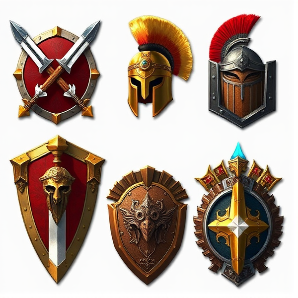 Create a collection of exquisitely crafted RPG game icons for ArenaNet's Guild Wars, dedicated to the Warrior profession. These icons should be adorned with vibrant hues and elaborate ornamentation, depicting iconic warrior symbols such as broadswords with gleaming blades, impenetrable tower shields emblazoned with the sigils of strength, detailed spartan helmets showcasing a plume of horsehair, and majestic warrior crests that signify honor and valor. Each icon must encapsulate the indomitable spirit of the Warrior class through dynamic poses or vignettes of combat prowess, effectively conveying various abilities: cleaving strikes for attack enhancements, fortified stances indicative of defensive prowess, and runes or auras for restorative powers. Icons must be meticulously designed to stand out individually yet harmonize as a part of a comprehensive set, reflecting a classic medieval fantasy charm that aligns with Guild Wars' user interface aesthetics.
