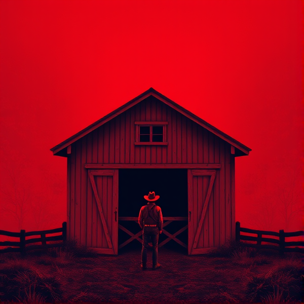 Red background with a barn and a cowboy looking in