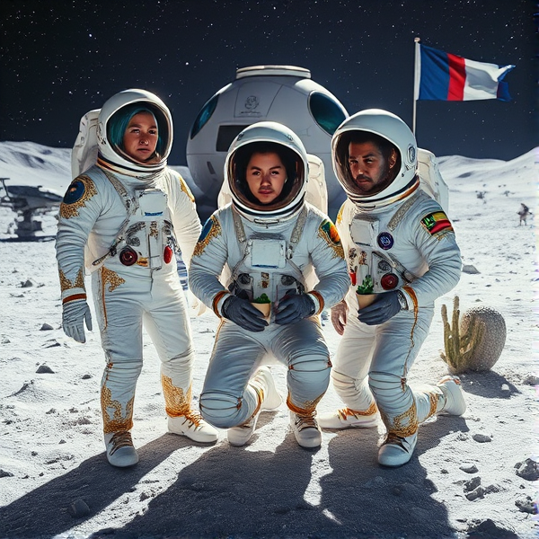 Trois astronautes, un humain et deux extraterrestres aux apparences uniques, posent sur le sol lunaire jonché de régolithe étincelant. Sur la gauche, l'extraterrestre à la chevelure d'un bleu émeraude opulent flotte en apesanteur derrière son casque transparent. Tous vêtus de combinaisons spatiales blanches élégantes avec motifs dorés complexes et incrustations perlées lumineuses, accentués de détails chromés réfléchissants. Leurs combinaisons arborent un écusson distinct représentant leur mission spatiale respective. Ils s'agenouillent, manipulant des instruments scientifiques avec des gants adaptés pour une haute précision. À côté d'eux se tient une créature extraterrestre à la peau iridescente diffusant un kaléidoscope de couleurs cosmiques.

Dans le biodôme au design futuriste construit de matériaux lunaires novateurs, un astronaute plante avec soin des graines de pavot dans un jardin hydroponique sous une lumière artificielle mimant le spectre solaire pour la photosynthèse. Les casques aux visières réfléchissantes captent le paysage lunaire désolé environnant. Derrière eux s'érige un module d'habitation portant le symbole du Québec gravé sur sa surface externe, offrant par sa fenêtre une vue sur la Terre distante.

Des instruments scientifiques avancés côtoient des panneaux solaires disposés efficacement et un fanion du Manchester City Football Club est affiché près du module résidentiel symbolisant une collaboration entre les explorations sportive et spatiale.

Le paysage lunaire est marqué par d'imposants cratères et reliefs contrastant avec les installations humaines et extraterrestres avancées. Une lumière douce baigne la colonie intergalactique sous un ciel nocturne étoilé qui dégrade en bleu outremer intense. Près du biodôme flotte le drapeau acadien et non loin se trouve une navette spatiale extraterrestre au design sophistiqué entourée d'êtres cosmiques pacifiques rassemblés autour. Un drone surveille discrètement près du fanion québécois, alors que quelques cactus lunaires ajoutent à la biodiversité exotique où se trouve aussi une charmante créature extraterrestre naine.