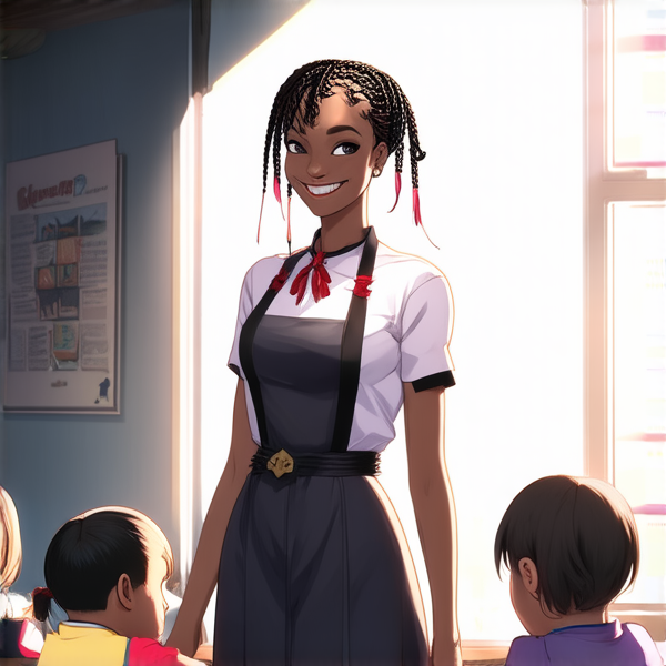 African female teacher with intricate braided hair, smiling as she stands in a vibrant classroom surrounded by diverse, attentive children sitting at their desks with educational posters on the walls and sunlight streaming through the windows