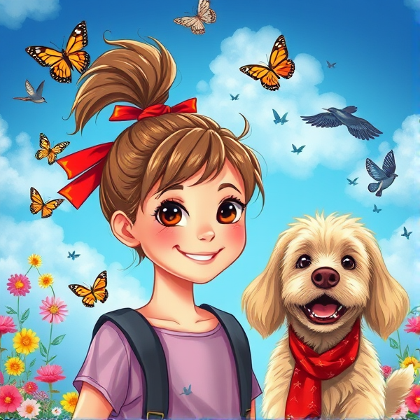 Book cover with a lively 10-year-old girl and a brown ponytail, red ribbon, twinkle in her eyes. Blue sky background with butterflies, colorful flowers, birds, and a joyful cream small shaggy dog with long floppy ears with a red bandana. Elements of adventure. Style reminiscent of realistic hand-drawn art.