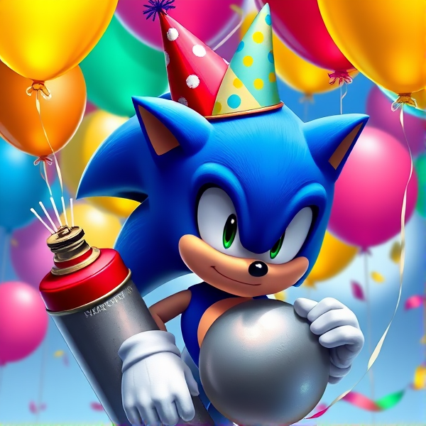 Sonic the Hedgehog donning a festive party hat, cheerfully holding a large helium tank equipped with a nozzle. He's amidst a joyful scene of multi-colored balloons floating around him, some playfully tethered to his quills, all while he sports a mischievous grin on his face