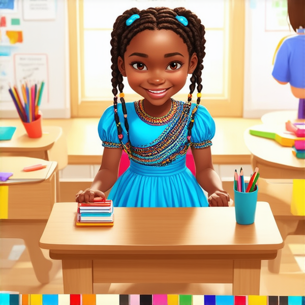 Jeune fille africaine de 8 ans joyeuse, vêtue d'une robe couleur bleu ciel, ornée de motifs traditionnels, portant des tresses africaines complexes agrémentées de perles multicolores. Son sourire est large et éclatant. Elle est assise sur une chaise conçue pour enfant, face à un bureau en bois clair dans une salle de classe baignée de lumière naturelle. L'ambiance est chaleureuse avec des murs décorés de dessins colorés et des fournitures scolaires éparpillées. En arrière-plan, on aperçoit distinctement un enseignant interagissant avec les élèves.