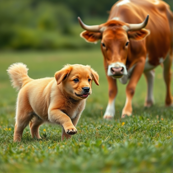 Bebe golden retriever sable poursuivi par une vache