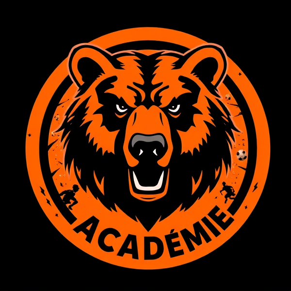 Créez un logo d'équipe de soccer captivant avec un grizzly concentré comme motif principal. L'emblème, central et imposant, représente un ours féroce aux yeux perçants, incarnant force et détermination. Les couleurs prédominantes sont un orange vibrant et un noir profond, créant un contraste saisissant qui symbolise l'énergie et l'intensité du sport. Le logo a une forme circulaire parfaite, encadrée d'une bordure noire épaisse et robuste qui lui donne de la substance et du poids visuel. Dedans le cercle se trouve le texte "Tilt Académie" écrit en caractères audacieux et modernes, avec une typographie épurée pour faciliter la lecture tout en ayant une présence forte.

L'arrière-plan est habilement stylisé pour évoquer le mouvement et la passion liés au soccer ; il peut s'agir d'illustrations abstraites représentant des traînées dynamiques ou des motifs évoquant une vitesse fulgurante. Des éléments de football subtils sont intégrés dans le design pour renforcer le thème sans surcharger le visuel : pensez à des contours suggestifs de ballon de soccer ou à des silhouettes abstraites de joueurs en action disséminées autour du grizzly.

La composition globale doit respirer la vitalité et exsuder une présence forte, capable d'inspirer tant les joueurs que les supporters. L'objectif est d'avoir un impact immédiat tout en restant intemporel, afin que l'emblème reste pertinent saison après saison.