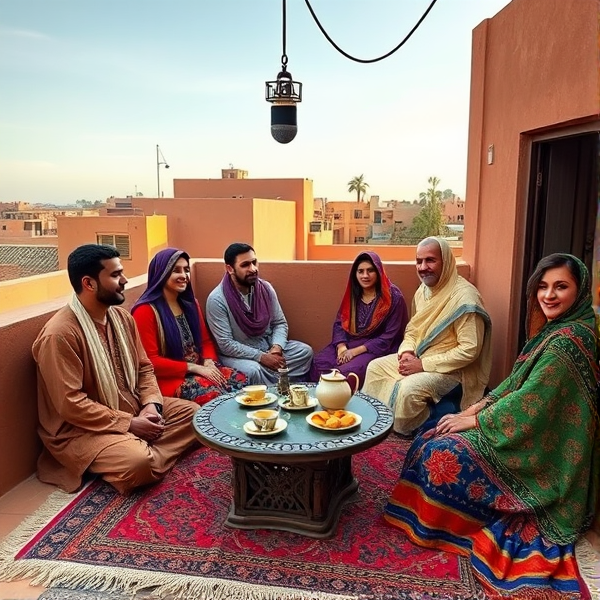 Famille marocaine réunie sur le toit d'une maison, assise autour d'une table basse ornée de somptueux tapis marocains. Des hommes et des femmes, des garçons et des filles, tous vêtus de tenues traditionnelles richement colorées et resplendissants de beauté, partageant un moment convivial. Conversation animée sous un ciel clair avec un microphone suspendu au-dessus du groupe pour capturer leur échange chaleureux, architecture typiquement marocaine en arrière-plan, thé à la menthe et pâtisseries locales sur la table.