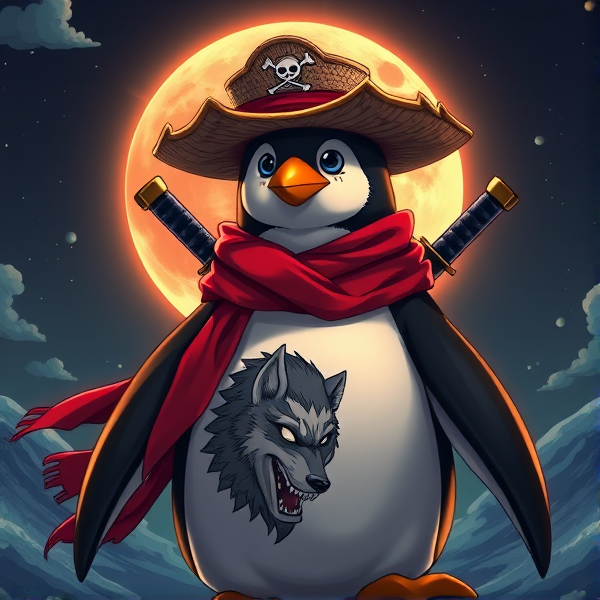 Pingouin maitre de l'éclipse lunaire et avec un écharpe rouge autours du cou et avec deux épées dans le dos et avec une tenue de pirate et avec un tatoo en forme de loup tribal et avec le chapeaux de paille de luffy