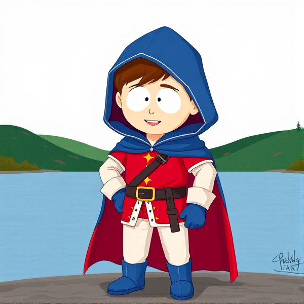 Clyde Donovan from South Park, light skin and brown hair, but as a 14-Year Old, dressed as a medieval prince with a red shirt with white sleeves, a black belt with a gold buckle, white pants, blue boots, blue long-cuffed gloves, and wreathed in a big blue hooded cape, now known as Prince Donovan. Despite still being a kid, he is the Youngest Ruler of South Park, Colorado, but now reborn as the real life Kingdom of Kupa Keep, Zaron, and Prince Donovan is its youngest and greatest hero. The young teenage prince of Kupa Keep is currently standing by the shoreline of a lake, happily admiring his new appearance and royal identity.