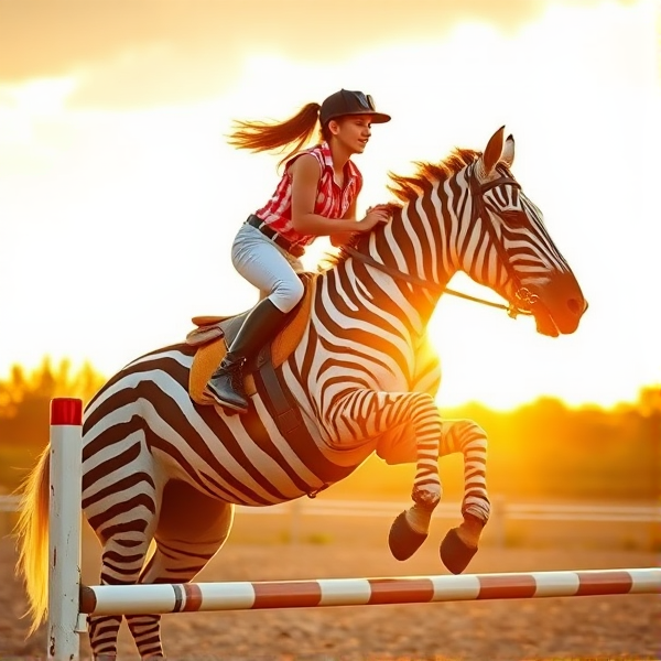 a teenage girl riding a zebra jumping over a showjump and a neckrope around its neck