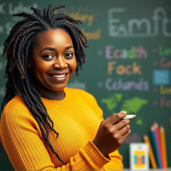 Une enseignante afro-américaine âgée de cinquante ans coiffée de tresses africaines traditionnelles, portant un pull jaune  se tient le dos tourné en train d'y écrire avec assurance à la craie blanche au tableau, éléments éducatifs colorés visibles en arrière-plan