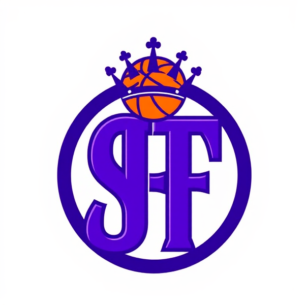 Create a logo with the initials of san Francisco in purple with a crown an and basketball on top