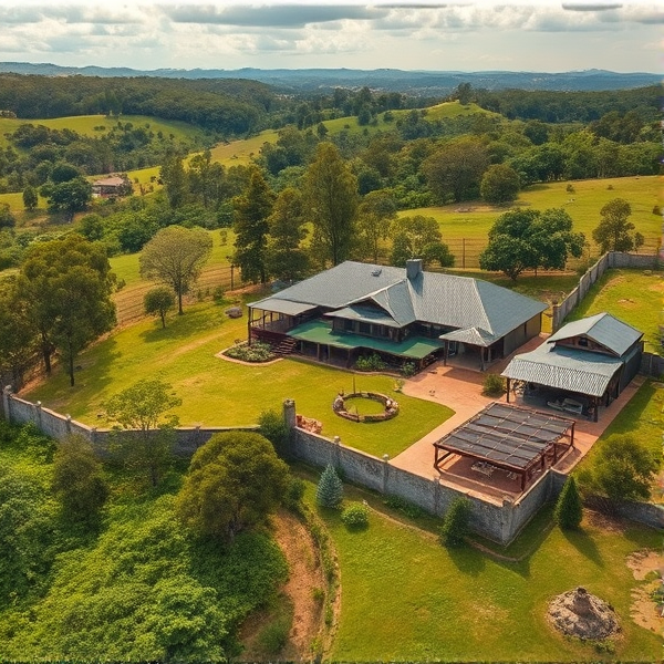 A photorealistic depiction as shot from a drone of an off grid community compound that could support 50 people and had a large wall around it and the supporting farmland. Make the compound luxury but still maintainable and eco friendly. The environment should be lush but very remote and slightly hilly and situated inland on the east coast of Australia.

The compound should have solar power, a gravity battery, loads of dense farming like green houses, a great view, and room for horses and other farm animals.