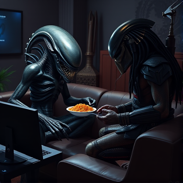 An exquisitely detailed Xenomorph, engaged with utmost concentration in 'Alien: Isolation' on a PS4, its intense focus reflected in its alien features. It sits comfortably on a sleek couch designed for its distinct form. Nearby, a Predator stands confidently, giving strategic guidance and encouragement to the Xenomorph like a seasoned coach to an engrossed player. The room is dimly lit to enhance the immersive gaming atmosphere, echoing a state-of-the-art gaming den with decor that intricately combines elements from both Xenomorph and Predator heritage. The ambiance boasts themed furniture and ornaments, fostering an authentic otherworldly vibe fitting for these legendary beings. Amidst the tension-filled gaming session, they share a common meal, adding a relatable human element to this remarkable scene as they interact with the camaraderie of two best friends