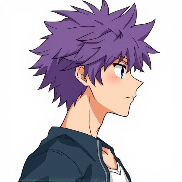 My hero academia oc. Purple fluffy hair. Male. Side view. 3/4 body view