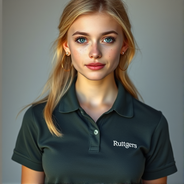 Photorealistic portrait of a youthful, naturally beautiful 19-year-old woman with blonde hair styled softly to convey an effortless appearance. Her bright blue eyes are accentuated by thick black lashes and her face is framed by a heart-shaped countenance. A delicate scattering of light freckles embellishes her nose, adding charm to her front-facing pose. She dons a dark green-gray polo shirt, the fabric clinging just enough to suggest a slender figure without being tight, featuring subtle white embroidery that spells "Ruttgers" over the left chest area. This is paired with a tasteful black mini skirt that enhances her chic yet simple style. Small gold hoop earrings add a modest touch of elegance to complete the image which embodies youthful grace and an air of simplicity.
