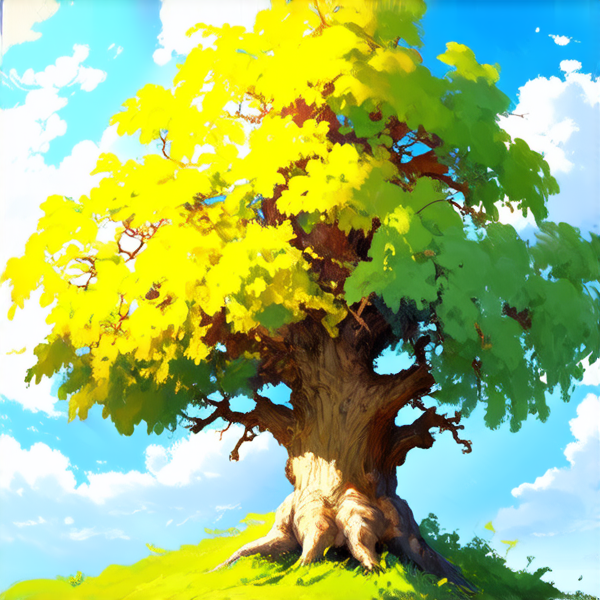 majestueux chêne centenaire aux feuilles vertes luxuriantes, éclairé par une douce lumière dorée du matin, ciel bleu clair en arrière-plan avec quelques nuages légers