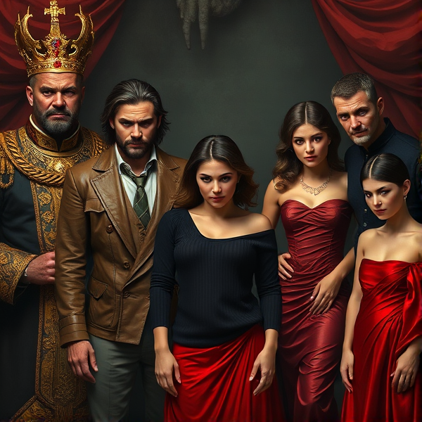 Seven individuals embodying the seven cardinal sins in a vivid tableau. Pride is personified by an imperious man adorned in opulent regal attire, his posture exuding superiority. Wrath appears as a rugged, intense man with a scowl, clad in a weathered leather jacket suggestive of a biker aesthetic. Greed is epitomized by an ostentatious individual flaunting an expensive tailored suit, dripping with jewelry and a conspicuous gold chain. Envy is depicted by a solitary figure with covetous eyes that subtly betray her longing as she gazes upon the others from the shadows. Gluttony contradicts expectation, portrayed by a surprisingly slender man enveloped in an oversized black sweater that speaks to insatiable consumption rather than corpulence. Lust radiates temptation through a seductive woman dressed in an enchanting red gown that clings to her form, her demeanor both inviting and provocative. Lastly, Sloth languishes within the scene as a young man exuding indolence and disinterest, his expression eternally fatigued and listless