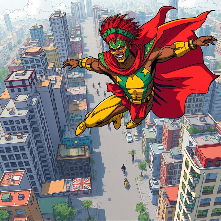 Super-héros dynamique inspiré par la culture gabonaise, revêtu d'un costume aux couleurs vives mêlant des éléments traditionnels gabonais et des motifs de masques Fang ou Punu, en plein vol au-dessus des paysages urbains caractéristiques de Libreville, le tout représenté dans un style de bande dessinée réaliste avec des effets de mouvement pour souligner l'action.