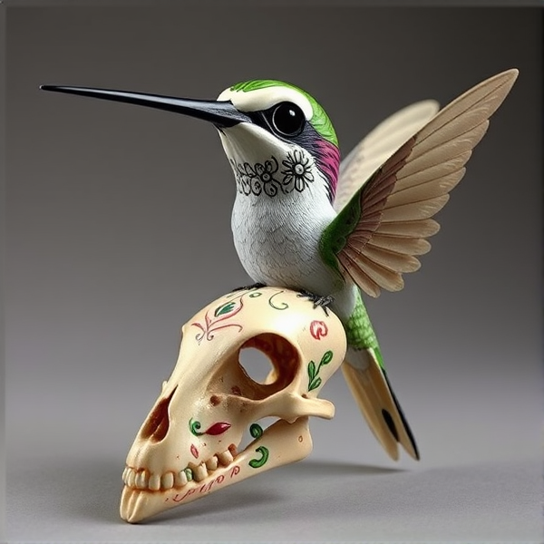 Humming bird skull and body that is decorated like a sugar skull