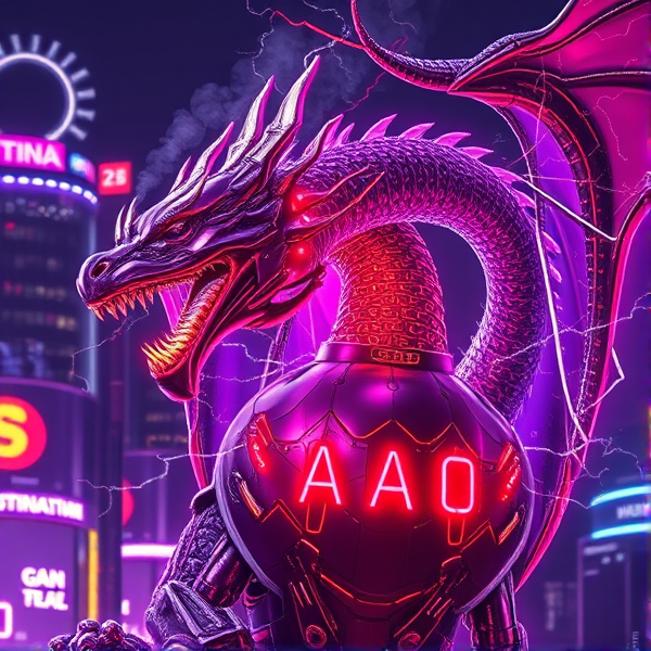 cybernetic dragon, its sleek, reflective metallic scales mirroring the vibrant neon lights of the cityscape. The acronym "AUO" stands prominently on its chest, casting an intense, fiery glow that pulses with raw energy and illuminates the complex network of circuitry etched into its hide. Digital smoke curls from the creature's nostrils as it emits a thunderous roar, unveiling fangs charged with electrical energy. Include the Ukrainian flag as a mark of respect and solidarity