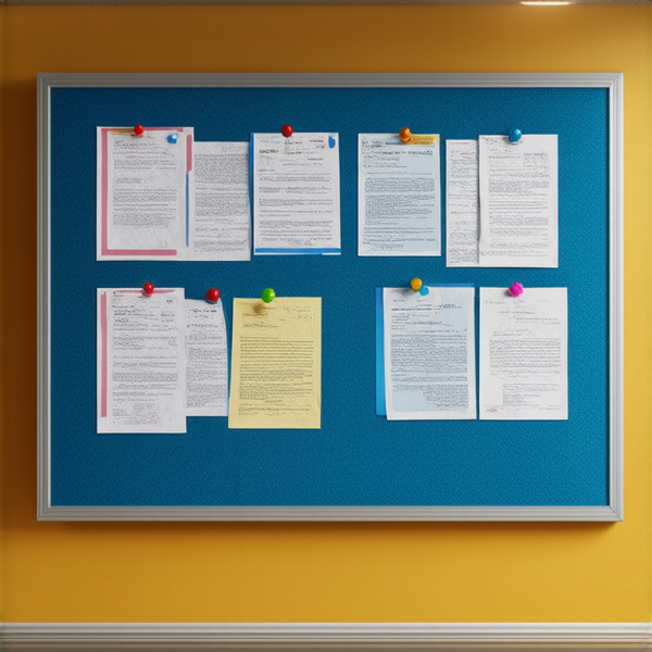 tableau d'affichage en liège texturé situé dans un couloir scolaire bien éclairé par des lumières fluorescentes, présentant de manière claire et détaillée le règlement intérieur de l'école écrit en français soigné, contenu dans un cadre élégant avec vitre de protection, fixé au mur à hauteur des yeux. Le tableau est parsemé de punaises multicolores tenant des documents divers, sans présence humaine obstruant la vue