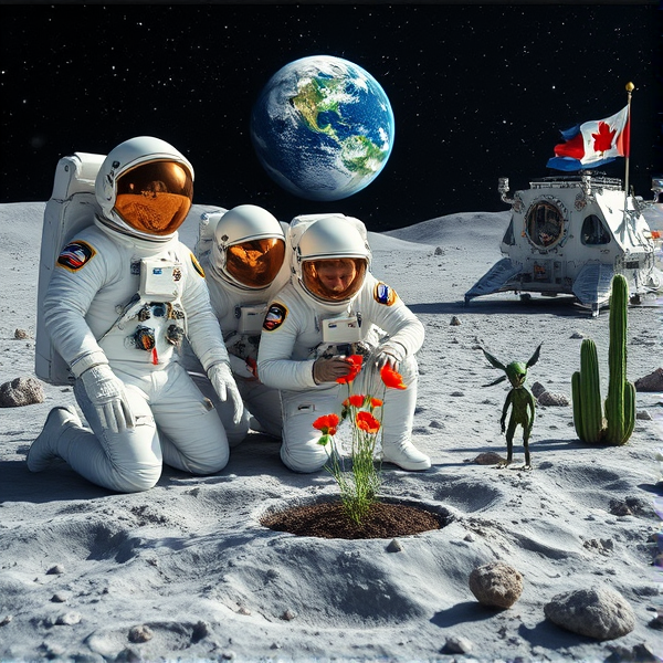 Trois astronautes donc une extraterrestre à cheveux long ,vêtus de combinaisons spatiales de la NASA blanches et or et perlées, avec des détails finement ouvragés et des accents chromés brillants, portent des écussons distinctifs sur leurs uniformes. Ils s'agenouillent sur le sol lunaire gris texturé, entourés par des reflets miroitants dus à la surface réfléchissante de leurs équipements. Un extraterrestre géant amical à la peau iridescente se tient à leurs côtés, captant les étincelles stellaires du cosmos. L'un des astronautes se consacre minutieusement à planter des graines de pavot dans un substrat riche au sein d'un biodôme lunaire transparent avec système hydroponique avancé et éclairage artificiel simulant le spectre solaire pour la photosynthèse terrestre. Les visières volumineuses et réfléchissantes des casques d'astronautes montrent le paysage lunaire avec précision tandis que les gants tactiles manœuvrent divers outils spécialisés. En arrière-plan, un module lunaire stylisé arbore l'emblème du Québec, alors que la Terre flotte majestueusement avec des teintes naturelles en toile de fond. Des instruments scientifiques hautement précis parsement le site: capteurs environnementaux, moniteurs de croissance végétale dotés d'intelligence artificielle et panneaux solaires flexibles. Un fanion du Manchester City Football Club est placé non loin du module habitable comme symbole du lien entre sport et sciences spatiales. Le relief accidenté présente cratères marqués et monticules lunaires contrastant avec les infrastructures humaines sur ce territoire extraterrestre. Une lumière douce et diffuse baigne cette scène sous un ciel nocturne étoilé où constellations sont dessinées avec exactitude dans un gradient allant du noir profond au bleu outremer vibrant. Près du biodôme flotte un drapeau acadien tandis qu’un vaisseau spatial extraterrestre est visible aux côtés d'autres créatures venues d'ailleurs accompagnées d'un drone technologiquement avancé; tous sont rassemblés près du site où flotte également un fanion représentatif de la province de Québec, sans oublier plusieurs cactus lunaires autour ajoutant une touche organique à cette colonie cosmique accueillante
