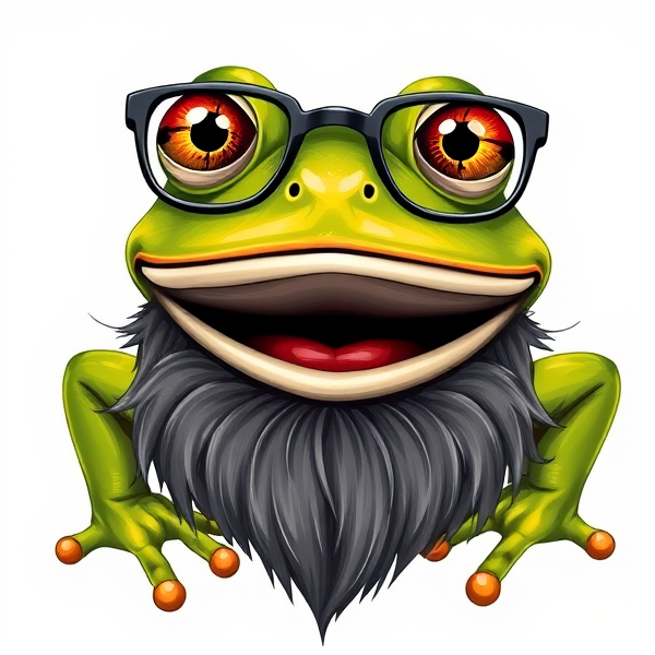 Frog with glasses and beard with mouth open