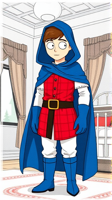 Clyde Donovan from South Park, light skin and brown hair, but as a 14-Year Old, dressed as a medieval prince with a red shirt with white sleeves, a black belt with a gold buckle, white pants, blue boots, blue long-cuffed gloves, and wreathed in a big and long blue hooded cape that reaches his ankles, now known as Prince Donovan. Despite still being a kid, he is the Youngest Ruler of South Park, Colorado, but now reborn as the real life Kingdom of Kupa Keep, Zaron, and Prince Donovan is its youngest and greatest hero. The young teenage prince of Kupa Keep is currently standing in his bedroom in his new home of Kupa Keep Castle, taking a moment to truly admire his newfound royal appearance.