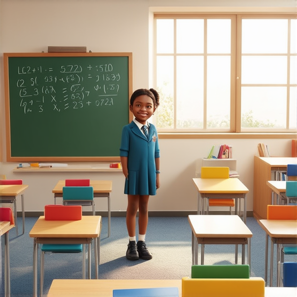 jeune fille noire de 10 ans, vêtue d'un uniforme scolaire, debout souriante et concentrée devant un tableau noir rempli de calcul mathématique dans une salle de classe ensoleillée et colorée avec des bureaux en bois et des affiches éducatives sur les murs