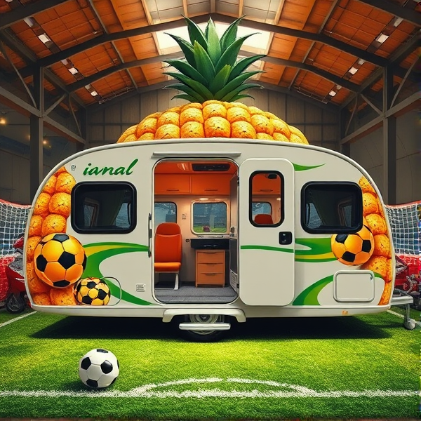 Caravane ananas géante personnalisée avec des motifs de terrain de football, des joueurs en action peints sur les côtés, équipée d'un intérieur spacieux pour le confort des athlètes, comprenant des sièges réglables et des casiers de stockage pour l'équipement sportif, avec un toit ouvrant pour une ventilation naturelle.Avec joueurs de 9 ans l'équipe complète