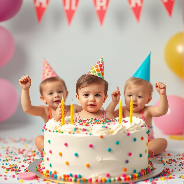 Toddlers popping out of a birthday cake