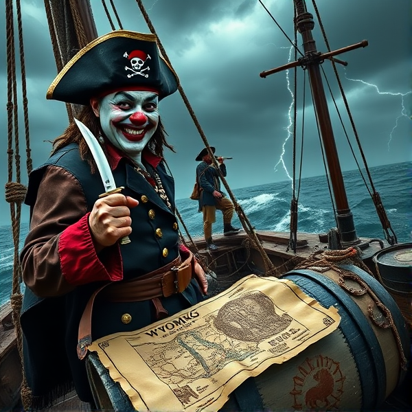 Captain Spaulding in his iconic clown makeup and costume, adorned with pirate accessories such as a tricorn hat embellished with the Wyoming license plate bucking horse logo on it, standing on the deck of a weathered pirate ship. He has a menacing grin as he grips a cutlass in one hand with his other hand resting on a treasure map spread out over a barrel. The sea is rough, with dark waves crashing against the ship's hull, and stormy skies overhead complete with flashes of lightning. In the background, other pirates are seen hoisting tattered sails and securing ropes amidst the chaos of an impending storm